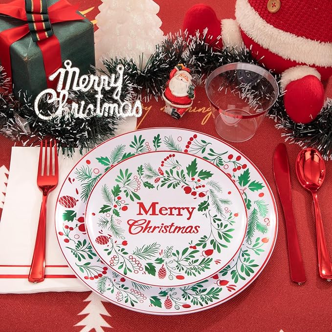 bUCLA 175PCS Christmas Plates Dinnerware Set - Green and Red Christmas Plastic Plates and Napkins Disposable Include 25 Dinner Plates,25 Dessert Plates,75 Cutlery,25 Cups&25 Napkins