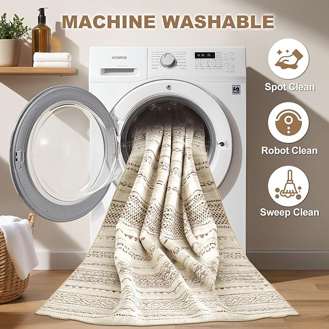 Nakagishi Round Rug Boho Area Rugs: 5x5 Washable Large Circle Neutral Soft Stain Resistant Non-Slip Carpet for Women Aged 25-45 Farmhouse Decor Enthusiasts - Living Room Bedroom Dining Room Nursery