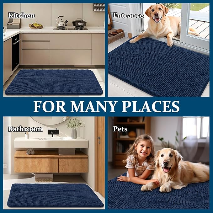 OLANLY Dog Door Mat for Muddy Paws 70x32, Absorbs Moisture and Dirt, Absorbent Non-Slip Washable Doormat, Quick Dry Chenille Mud Mat for Dogs, Entry Indoor Entryway Carpet for Inside Floor, Dark Blue