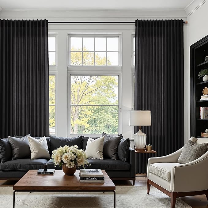 Vintage Black Linen Curtains for Living Room 72 Inches Long Light Filtering Semi Sheer Curtain Back Tab and Rod Pocket Privacy Luxury Gothic Vintage Decor Drapes for Bedroom Office 52x72, 2 Panels