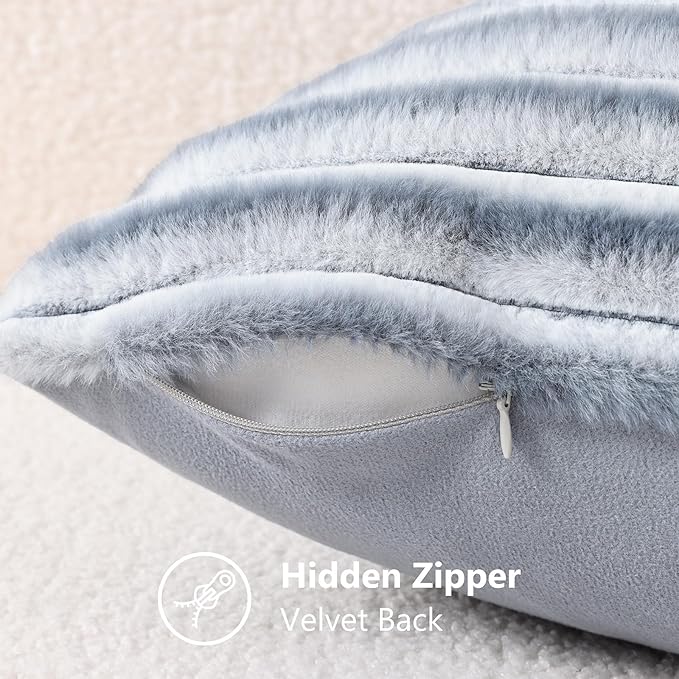 decorUhome Cozy Faux Fur Throw Pillow Covers 26x26 Set of 2 Decorative Soft Plush Striped Modern Farmhouse Boho Couch Euro Sham Pillow Cases with Velvet Back for Sofa Bed Living Room, Grey White