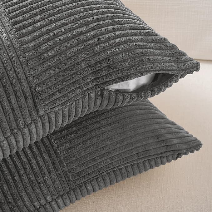 Fancy Homi 2 Packs Dark Gray Lumbar Decorative Throw Pillow Covers 16x26 Inch for Livingroom Couch, Rustic Farmhouse Boho Home Decor, Soft Striped Corduroy Rectangle Accent Peach Cushion Case 65x40 cm