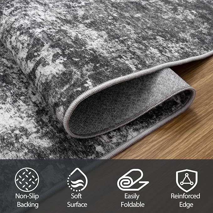 4x6 Area Rugs for Living Room Rug Washable: Abstract Rug for Dining Room Bedroom Carpet Non Slip 4 by 6 Indoor Modern Nursery Home Office Black Grey