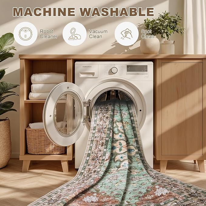 2x3 Area Rugs Living Room Rug: Washable Vintage Distressed Floral Rug No Slip Stain Resistant Soft Carpet Indoor Large Carpets for Bedroom Dining Room Farmhouse Nursery Hallway Home Office Brown Green