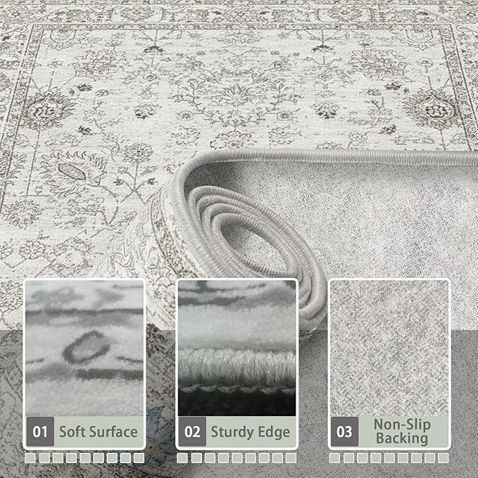 Area Rug 4x6 Grey Rug, Washable Boho Rugs Non Slip Low Pile Floral Small Carpet for Bedroom, Bedside, Kids Room, Office, Dining Room(Grey, 4 x 6)