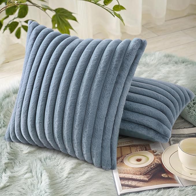 decorUhome Cozy Faux Fur Throw Pillow Covers 16x16 Set of 2 Decorative Soft Plush Striped Modern Farmhouse Boho Couch Pillow Cases with Velvet Back for Sofa Bed Living Room, Grey Blue