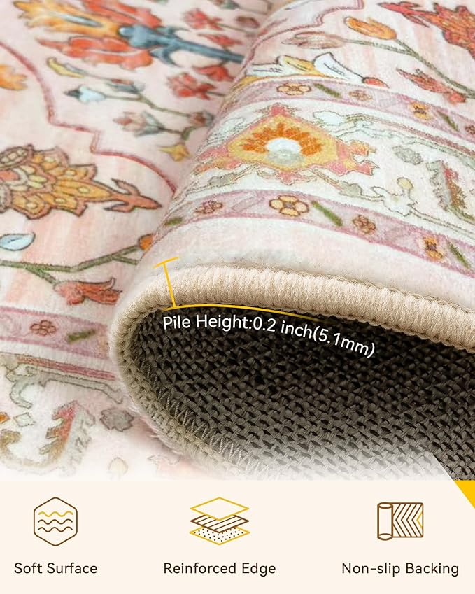 RELEANY Area Rugs 2'x8' Runner Rug Non Slip Washable for Kitchen Hallway Bedroom Beside Laundry Room Bathroom Rug, Floor Carpet, Light Pink Colorful