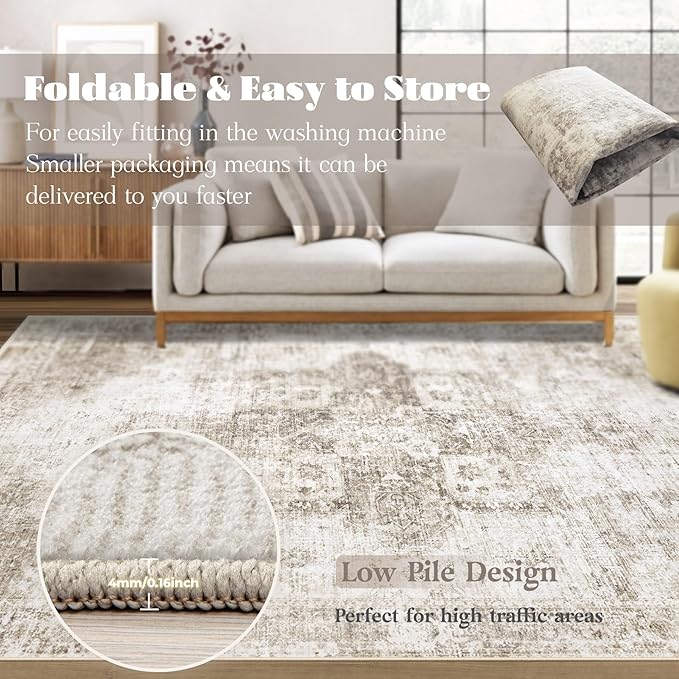 Area Rug 5x7 Washable Rug, Vintage Boho Medallion Rugs Non-Slip Soft Low Pile Large Distressed Rug Indoor Retro Carpet for Living Room Bedroom Dining Room Home Office (Taupe, 5'x7')