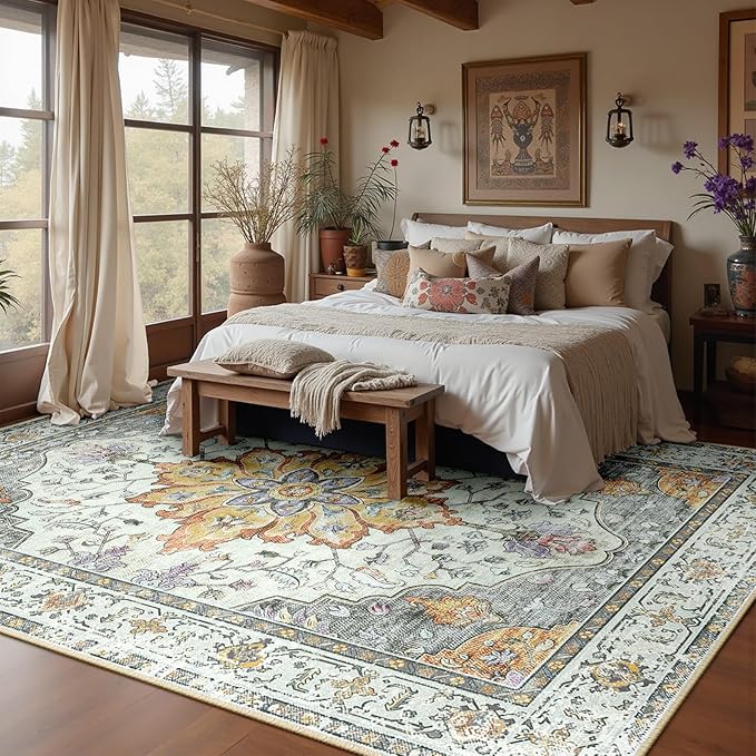 RELEANY Area Rugs 6'x8' Washable Non-Slip, Floral Vintage Distress Print Pattern Medallion Carpet for Living Room Bedroom Dining Room, Light Yellow Carbon Grey Orange