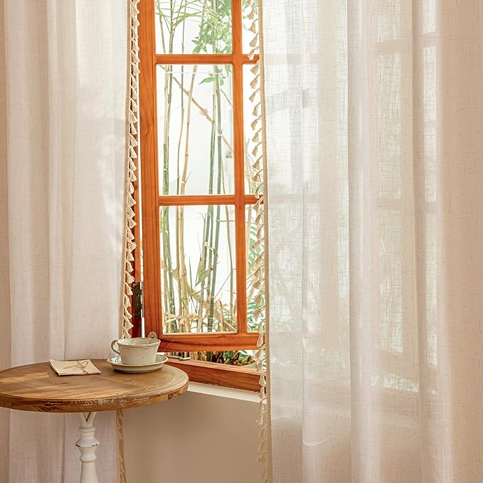 MYSKY HOME Natural Macrame Curtains 96 Inch Length for Living Room, Farmhouse Bohemian Vintage Back Tab，Light Filtering Privacy Protect Drapes for Bedroom, 50" W×96" L, Natural, 2 Panels