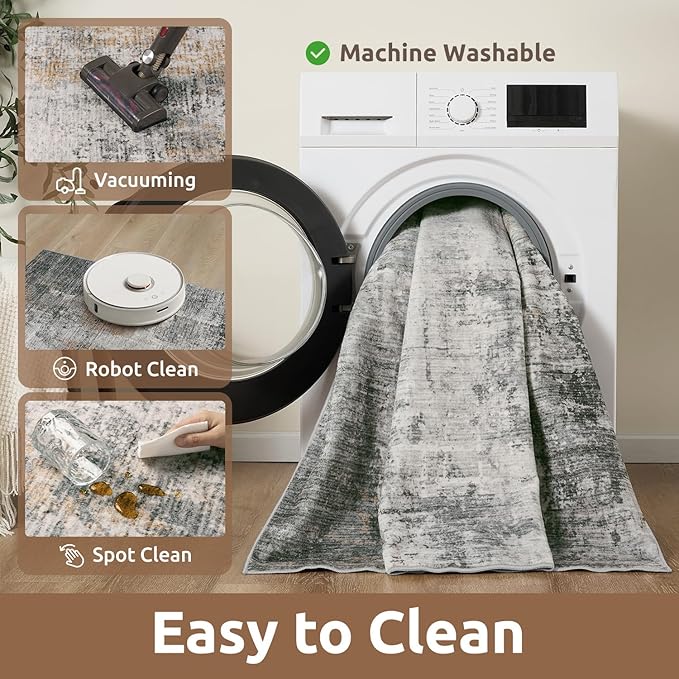 AMOAMI 2 x 10 Hallway Runner Rug Non Slip Super Soft Long Runner Rugs Machine Washable Low Pile Modern Abstract Runners for Hallways for Bedroom Laundry Room Kitchen, Grey