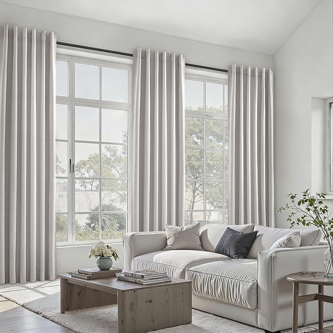 Topfinel 100% Blackout Curtains 90 Inches Long for Living Room 2 Panels Set Thick Linen Texture Energy Saving Curtain Window Coverings Hook Belt Pleated Drapes Aesthetic Bedroom(W40 xL90,Grey Beige)