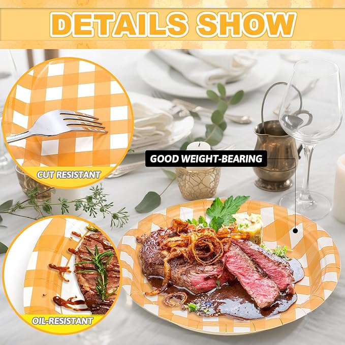 32 Pcs Orange Gingham Party Plates - 9 Inch Checkered Plaid Dessert Plates Disposable Orange and White Paper Plate - For Picnic BBQ Birthday Dinner Party Supplies