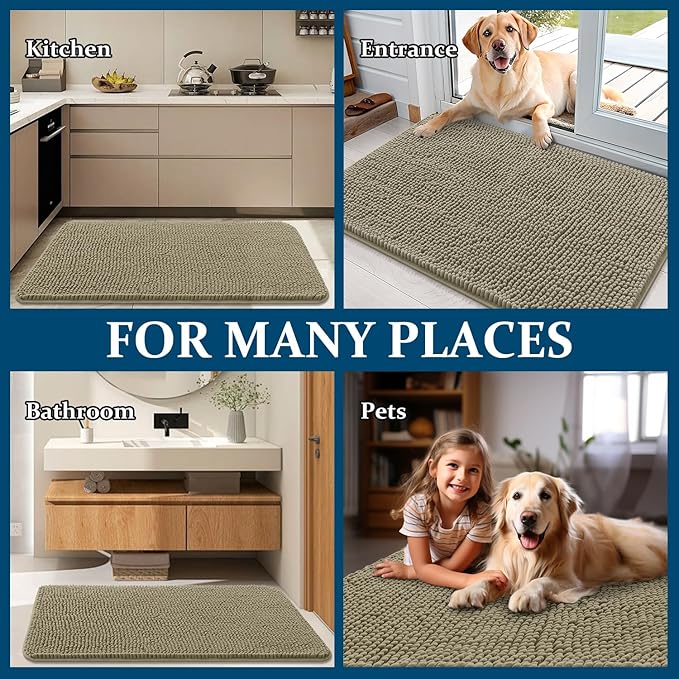 OLANLY Dog Door Mat for Muddy Paws 54x32, Absorbs Moisture and Dirt, Absorbent Non-Slip Washable Doormat, Quick Dry Chenille Mud Mat, Entry Indoor Entryway Carpet for Inside Floor, Warm Taupe