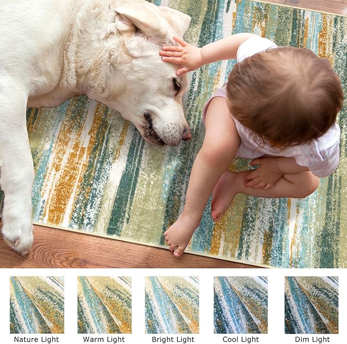 Lansny Modern Abstract Bedroom Runner Rug 2x7, Green Mustard Multi Washable Kitchen Runner, Non-Slip Soft Thin Faux Wool Mat for Entryway, Hallway, Laundry Room, Indoor Home Decor