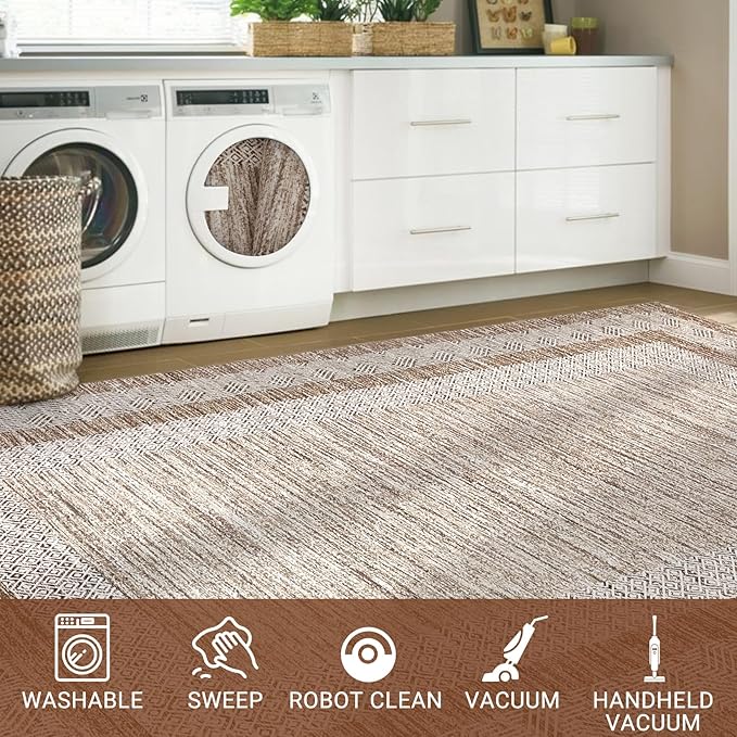 GarveeHome Modern Geometric Area Rug 5x7 Distressed Bordered Rug Washable Non Slip Floor Carpet Non Shedding Thin Rug, Soft Low Pile Rug, Contemporary Brown Rug for Dining Room, Living Room