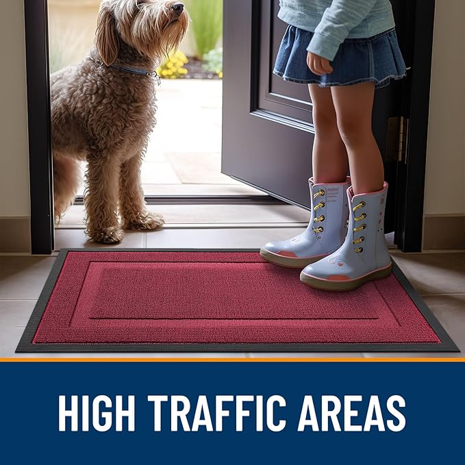 OLANLY Front Door Mat Indoor Outdoor Entrance, Waterproof All-Season, All-Weather Doormat, Sturdy Natural Rubber, Low Profile, Easy Clean Patio Porch Entryway Mat, 35x23, Burgundy