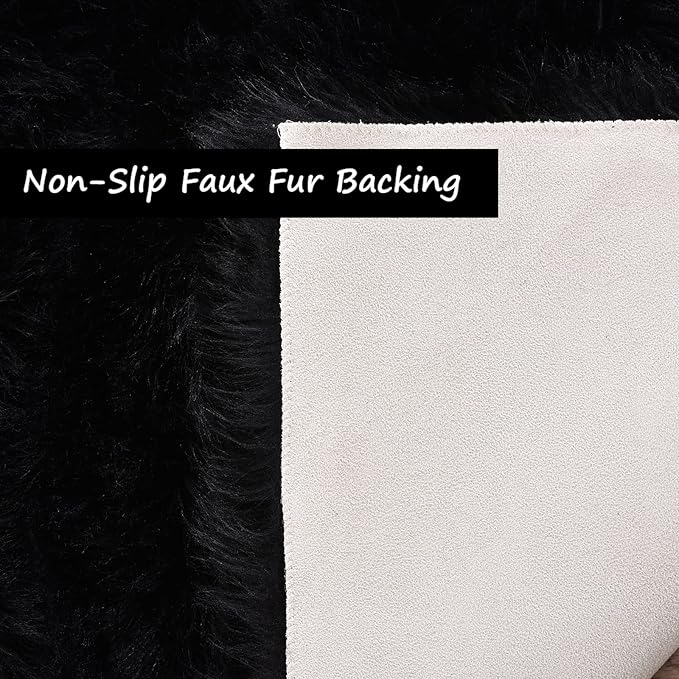 Goolela Black Round Rug 3ft Fluffy Fuzzy Sheepskin Rug Black Circle Faux Fur Rug for Bedroom Living Room Washable Décor