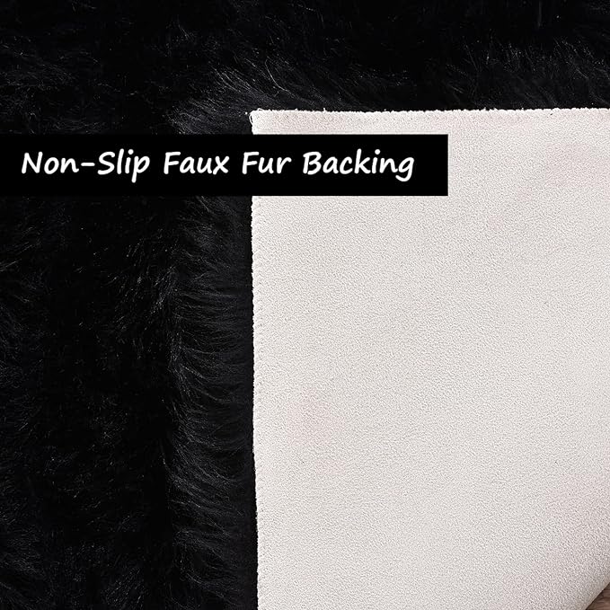 Goolela Black Sheepskin Rug 3x5 for Bedroom Black Fluffy Faux Fur Rug Furry Shag Plush Soft Bedside Dorm Décor Rectangle