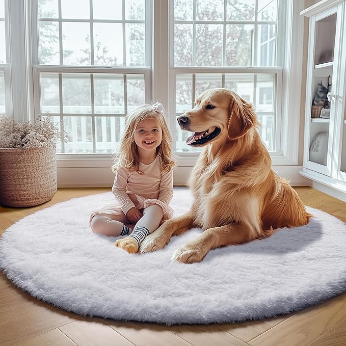 ONASAR White Round Area Rugs 5ft, Soft Bedroom Circle Rug Floor Mat for Kids Girls Boys Teen Room, Fuzzy Plush Shaggy Carpet for Baby Nursery Living Room Playroom Dorm Home Decor