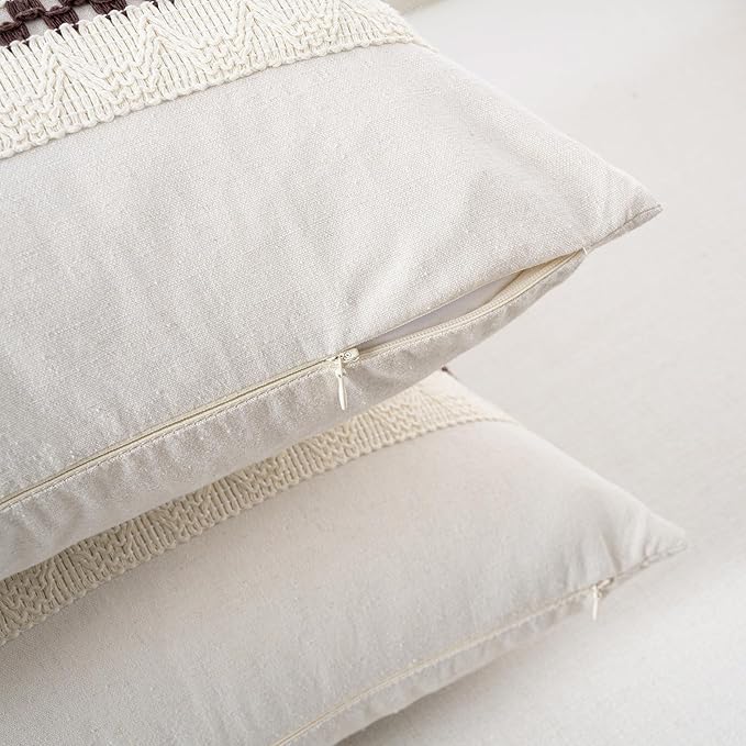 Fancy Homi Set of 1 Boho Brown Euro Decorative Throw Pillow Cover 26x26 Inch for Couch Bed Bedroom, Aesthetic Modern Organic Farmhouse Room Decor, Soft Cotton Accent Macrame Woven Cushion Case