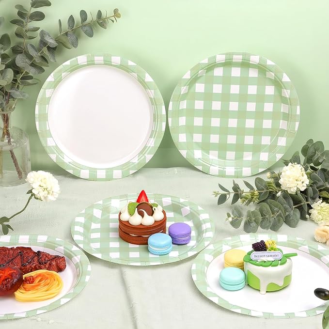 32 Pcs Green Gingham Party Plates - 7 Inch Checkered Plaid Dessert Plates Disposable Green and White Paper Plate - For Picnic BBQ Birthday Dinner Party Supplies