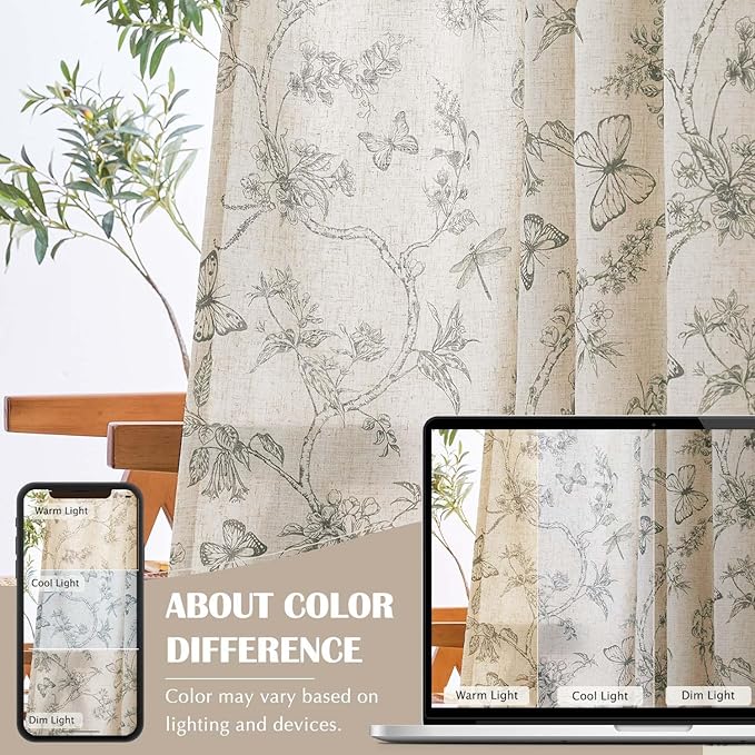 jinchan Floral Curtains Lined Linen Blend Curtain for Living Room 96 Inch Length Grey Flower Farmhouse Curtains French Country Gray Patterned Curtain Drapes Back Tab Rod Pocket 2 Panels