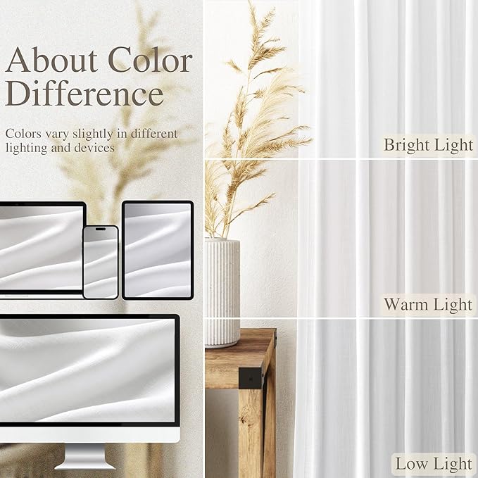 Nanspring White Linen Curtains for Living Room Extra Long Back Tab Curtains 125 Inches Long Farmhouse Light Filtering Semi Sheer Linen Drapes Ceiling to Floor for Large Window 2 Panels Set 52x125