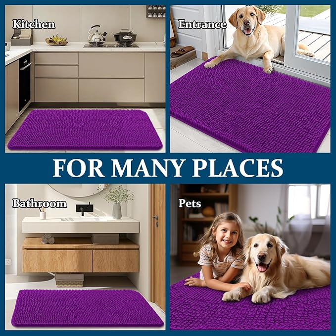 OLANLY Dog Door Mat for Muddy Paws 32x20, Absorbs Moisture and Dirt, Absorbent Non-Slip Washable Doormat, Quick Dry Chenille Mud Mat for Dogs, Entry Indoor Entryway Carpet for Inside Floor, Purple