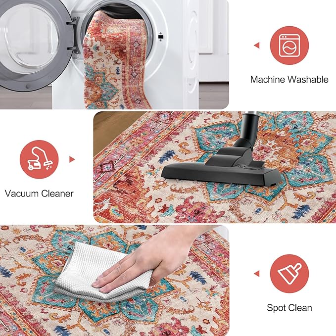 Yamaziot Washable Area Rug, 2x3 Small Entryway Rug Non-Slip Boho Vintage Rug with Rubber Backing, Low Pile Faux Wool Distressed Floor Carpet for Indoor Door Mat, Kitchen, Laundry (Pink)
