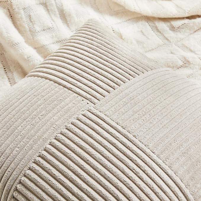 Fancy Homi 2 Packs Neutral Taupe Lumbar Decorative Throw Pillow Covers 14x22 Inch for Living Room Couch Bed Sofa, Farmhouse Home Decor, Soft Striped Corduroy Rectangle Accent Cushion Case 35x55 cm