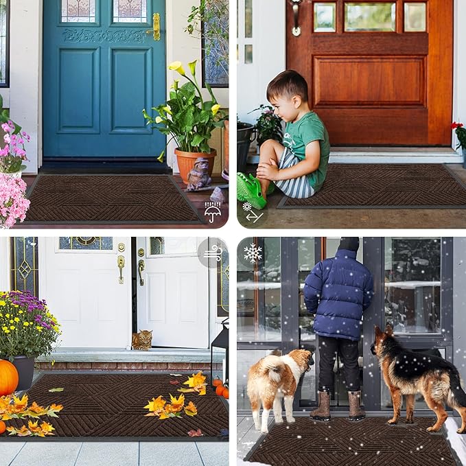 Smiry Front Door Mat Outside Entrance, Heavy Duty Sturdy Natural Rubber Doormat, Trap Dirt and Moisture, Easy Clean Low Profile Mats for Indoor Outdoor Entry, Irregular Triangle (71x34, Dark Brown)