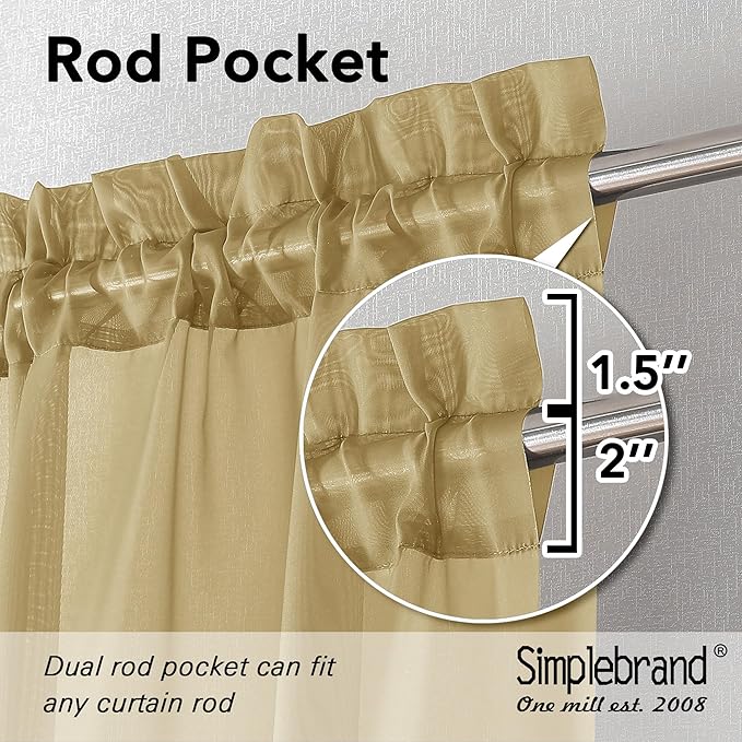 Simplebrand Gold Sheer Curtains 108 Inches Long, Extra Long Rod Pocket Solid Color Window Sheer Curtain Panels, Elegant Curtains & Drapes for Living Room, Bedroom 2 Panels (Gold, 59" W x 108" L)