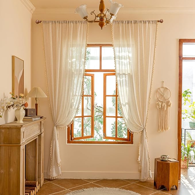 MYSKY HOME Linen Sheer Curtains 63 Inch Length for Small Windows,Light Filtering Privacy Protect Drapes Set with Macrame, Back Tab Boho Style Farmhouse Home Decor, 50" x 63", 2 Panels
