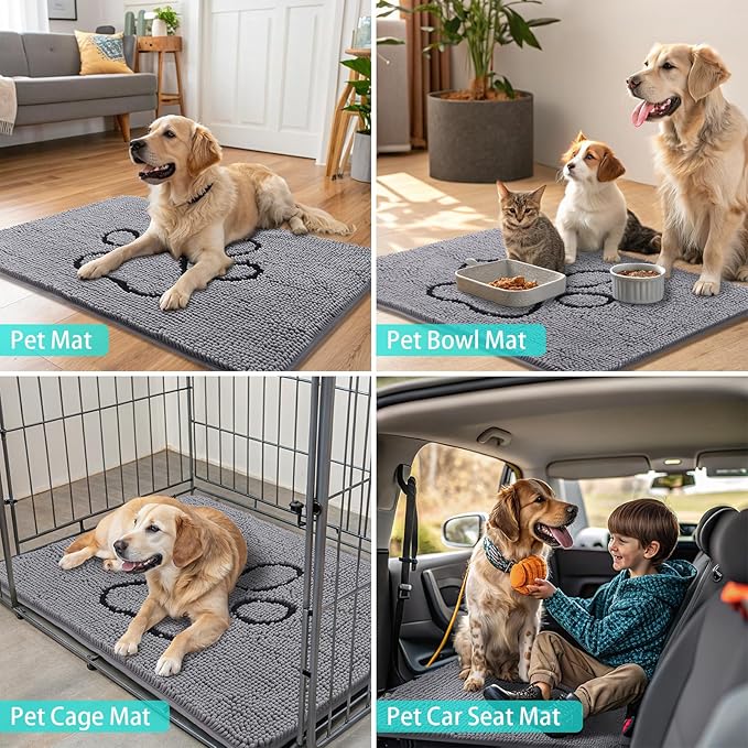 Smiry Dog Door Mat for Muddy Paws, Absorbent Dirt Trapper Non Slip Quick Dry Washable Chenille Mat for Mud Dogs, Entry Rug for Indoor and Outdoor (30x20 Inches, Grey and Black)