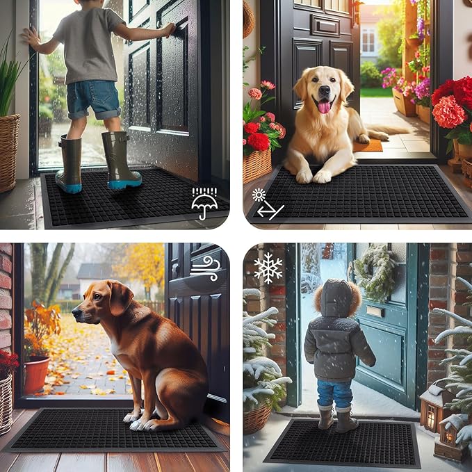 Smiry Front Door Mat Outside Entrance, Heavy Duty Natural Rubber Doormat, Non Slip, Trap Dirt and Moisture, Easy Clean, Low Profile Welcome Floor Mats for Indoor Outdoor Entry, 47x32 Inch, Black