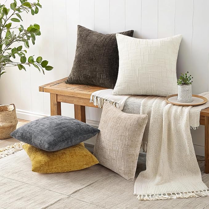 decorUhome Summer Mustard Yellow Chenille Throw Pillow Covers 16x16 Set of 2 Textured Soft Cozy Slubby Couch Pillow Covers Modern Farmhouse Boho Decorative Pillow Cases for Bed Sofa Living Room