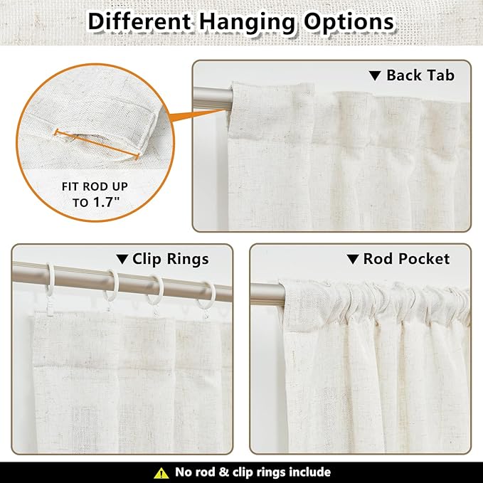 MYSKY HOME 90 Inches Long Linen Curtains for Living Room, Semi Sheer Bedroom Curtains Farmhouse Boho Room Decor Sliding Glass Patio Doorways Light Filtering Privacy Protect, 50" x 90", Linen, 2 Panels