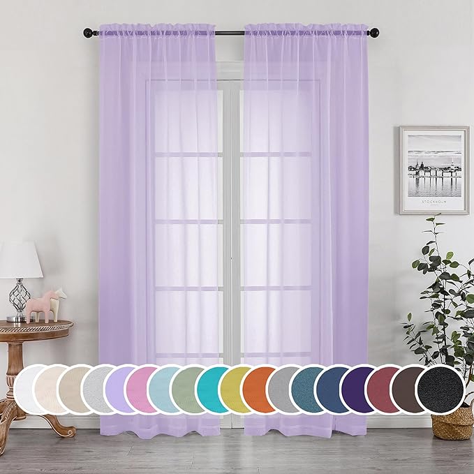 OWENIE Sheer Curtains 84 inches Long for Bedroom Living Room 2 Panels Set, Rod Pocket Soft Light Filtering Privacy Fimly Sheer Curtains & Drapes, Solid Purple Window Treatments, 42Wx84L