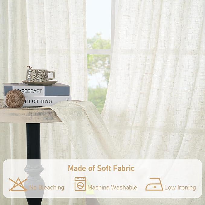 LAMIT 72 inch Length Cream Linen Curtains for Living Room 2 Panels, Linen Textured Light Filtering Semi Sheer Back Tab and Rod Pocket Window Curtain Panels for Bedroom/Farmhouse, 52 x 72 Inch