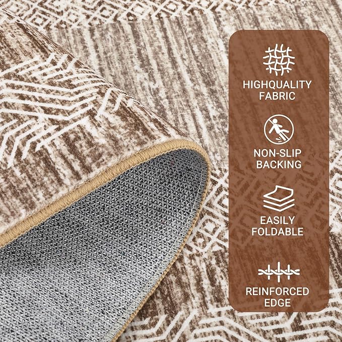 GarveeHome 9x12 Large Modern Brown Area Rug Distressed Bordered Rug Soft Non Shedding Floor Carpet, Geometric Rug, Washable Non Slip Rug, Low Pile Indoor Area Rug for Living Room, Bedroom