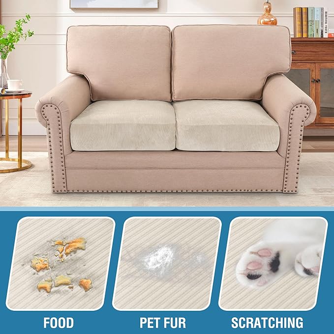 H.VERSAILTEX Velvet Stretch Couch Cushion Cover Plush Cushion Slipcover for Chair Loveseat Sofa Cushion Furniture Protector Seat Cushion Sofa Cover (2 Piece Medium Sofa Cushion Covers, Ivory Striped)