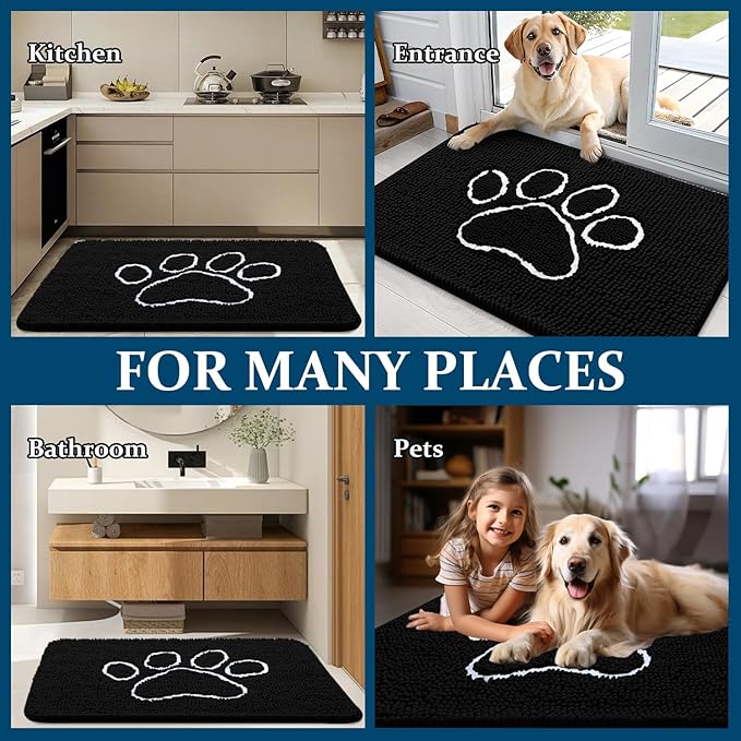 OLANLY Dog Door Mat for Muddy Paws 70x35, Paw Print Design, Absorbs Moisture and Dirt, Absorbent Non-Slip Washable Doormat, Quick Dry Chenille Mud Mat for Dogs, Entry Indoor Entryway Carpet, Black
