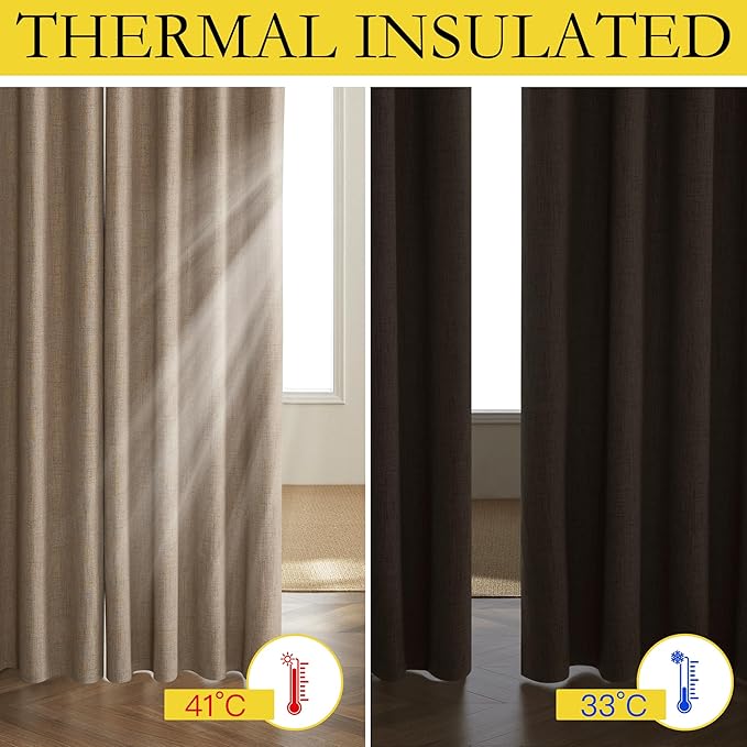 NICETOWN Burlap Vintage Open Linen Weave Flax Thermal Curtains, 100% Blackout Curtains 95" Long for Dining Room, Soundproof Window Treatment Drapes for Bedroom, 52" Wide Per Panel, Set of 2