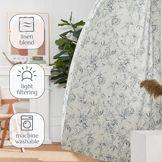 jinchan Floral Curtains 90 Inch Length Blue Flower Linen Farmhouse Curtain for Living Room French Country Vintage Curtain Rod Pocket Curtains Set 2 Panels Blue Floral Printed