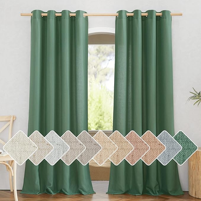 NICETOWN Olive Green Curtains 84 inch Length 2 Panels, Grommet Linen Blend Privacy Added Thick Flax Boho-Chic Light Filtering Semi Sheer Window Drapes for Home Office/Living Room, W55 x L84