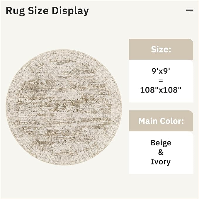 9x9 Brown Round Rug 9ft Living Room Circle Rug Vintage Round Area Rug Non Slip Indoor Carpet for Apartment