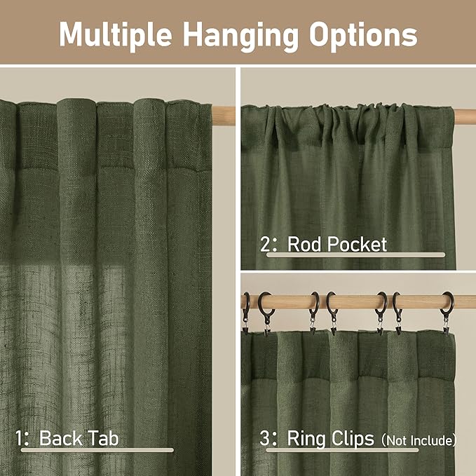 LAMIT Olive Green Linen Curtains 84 inch Length 2 Panels, Light Filtering Semi Sheer Panels Back Tab and Rod Pocket Christmas Drapes for Bedroom/Living Room, 34 x 84 Inch
