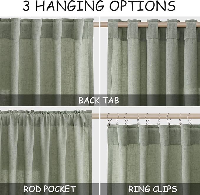 Desert Sage Linen Curtains for Living Room 100 Inches Long Light Filtering Semi Sheer Curtain Back Tab Rustic Farmhouse Decor Elegant Luxury Boho Drapes for Bedroom Dinner Room 52x100, 2 Panels