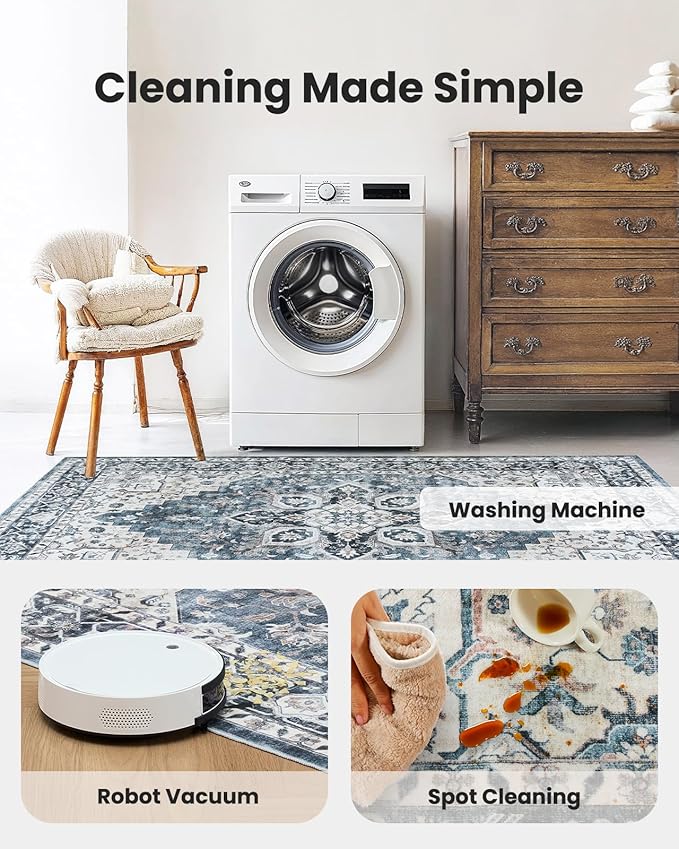 AMADA HOMEFURNISHING Round 4ft Area Rugs, Low-Profile Washable Rug with Non-Slip Backing & Durable Edge Binding, Vintage Rugs for Living Room, Bedroom, Dinning Room